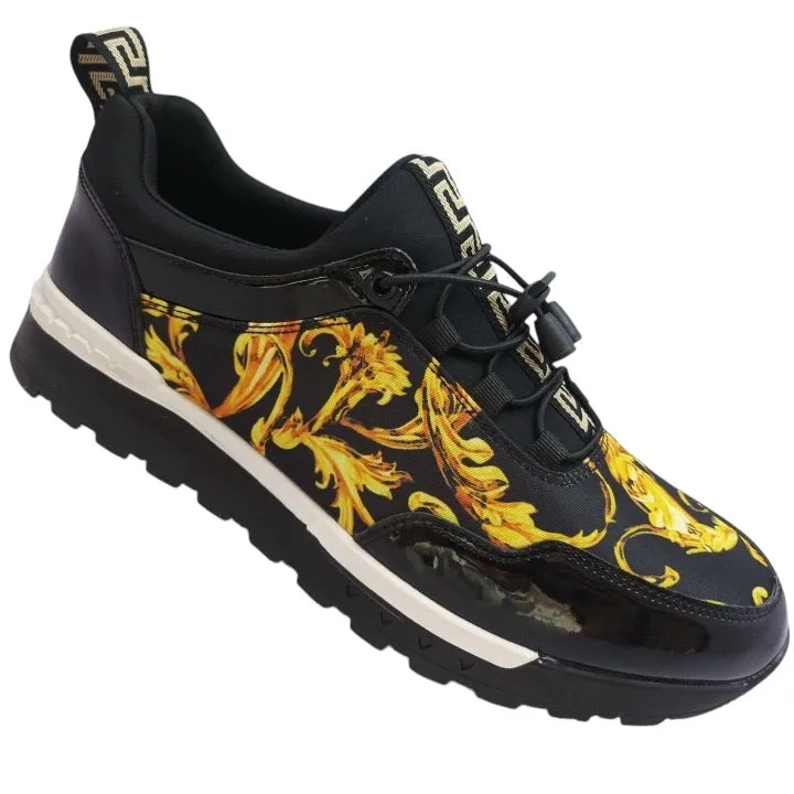 Black and Gold Paisley Design Men's Lace-Up Sneakers Casual Shoes Style No: t2