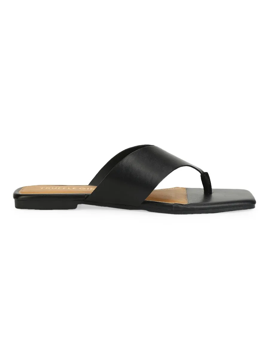 Black PU Square Toe Flip Flop Slippers