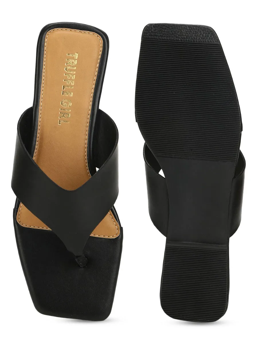 Black PU Square Toe Flip Flop Slippers