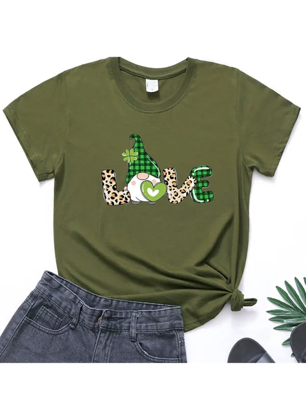 Caitlin Women's New Leopard Print Love   Clover Print St. Patrick's Day Short-Sleeved T-Shirt