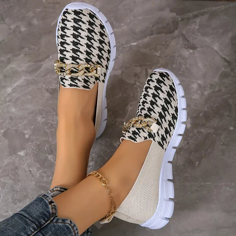 Casual Houndstooth Print Chain Mesh Shoes Summer Walking Sports Flat Shoes Women Breathable Loafers