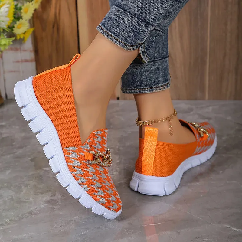 Casual Houndstooth Print Chain Mesh Shoes Summer Walking Sports Flat Shoes Women Breathable Loafers