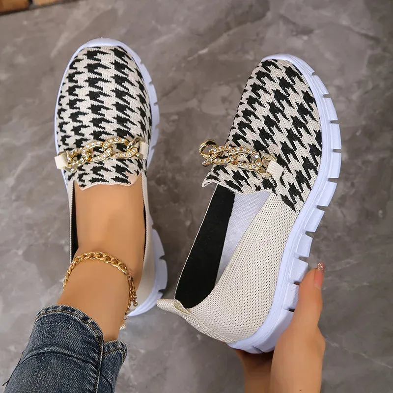 Casual Houndstooth Print Chain Mesh Shoes Summer Walking Sports Flat Shoes Women Breathable Loafers