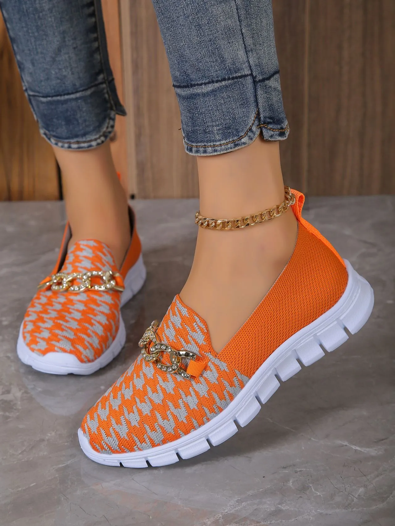 Casual Houndstooth Print Chain Mesh Shoes Summer Walking Sports Flat Shoes Women Breathable Loafers