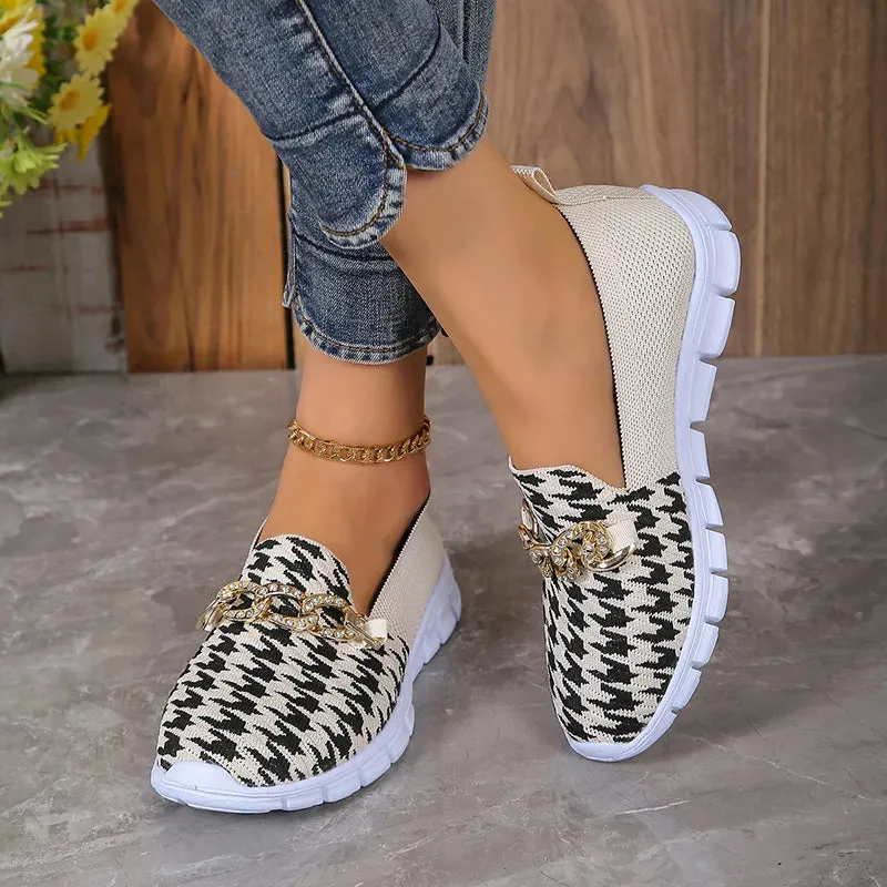 Casual Houndstooth Print Chain Mesh Shoes Summer Walking Sports Flat Shoes Women Breathable Loafers