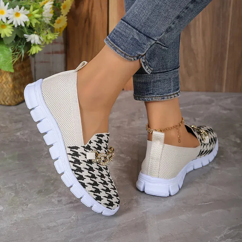 Casual Houndstooth Print Chain Mesh Shoes Summer Walking Sports Flat Shoes Women Breathable Loafers