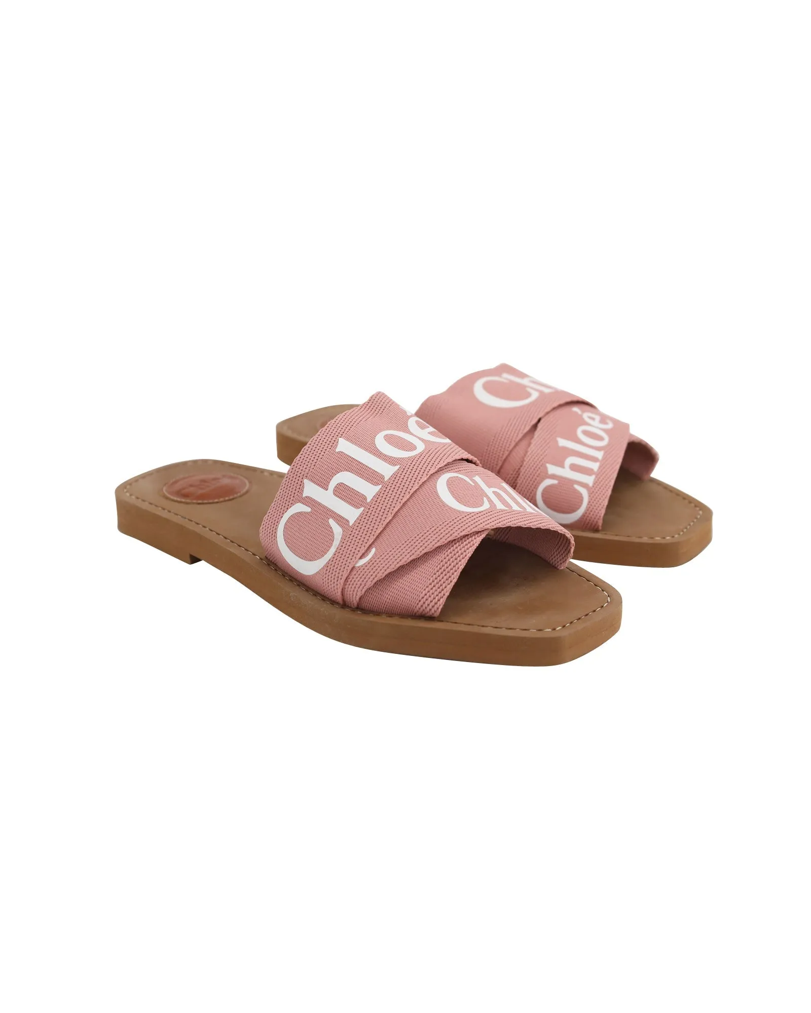 Chloe Logo Straps Woody Flats in Pink Canvas