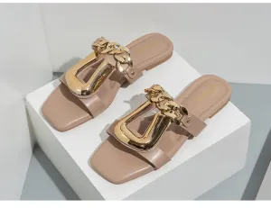 Classy U Chain Buckle Square Toe Flat Sandals