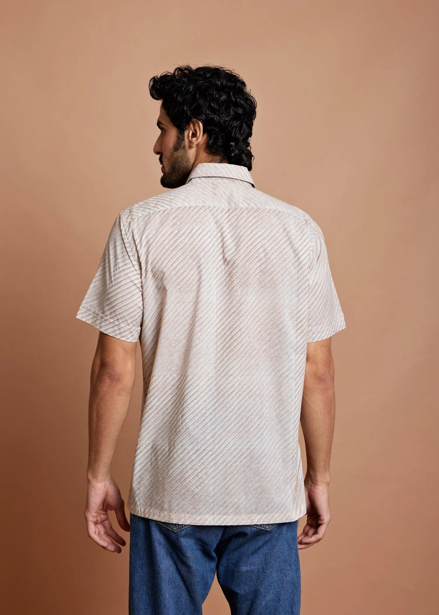 Crème Blue & Brown Regular Cotton Half Sleeve Shirt