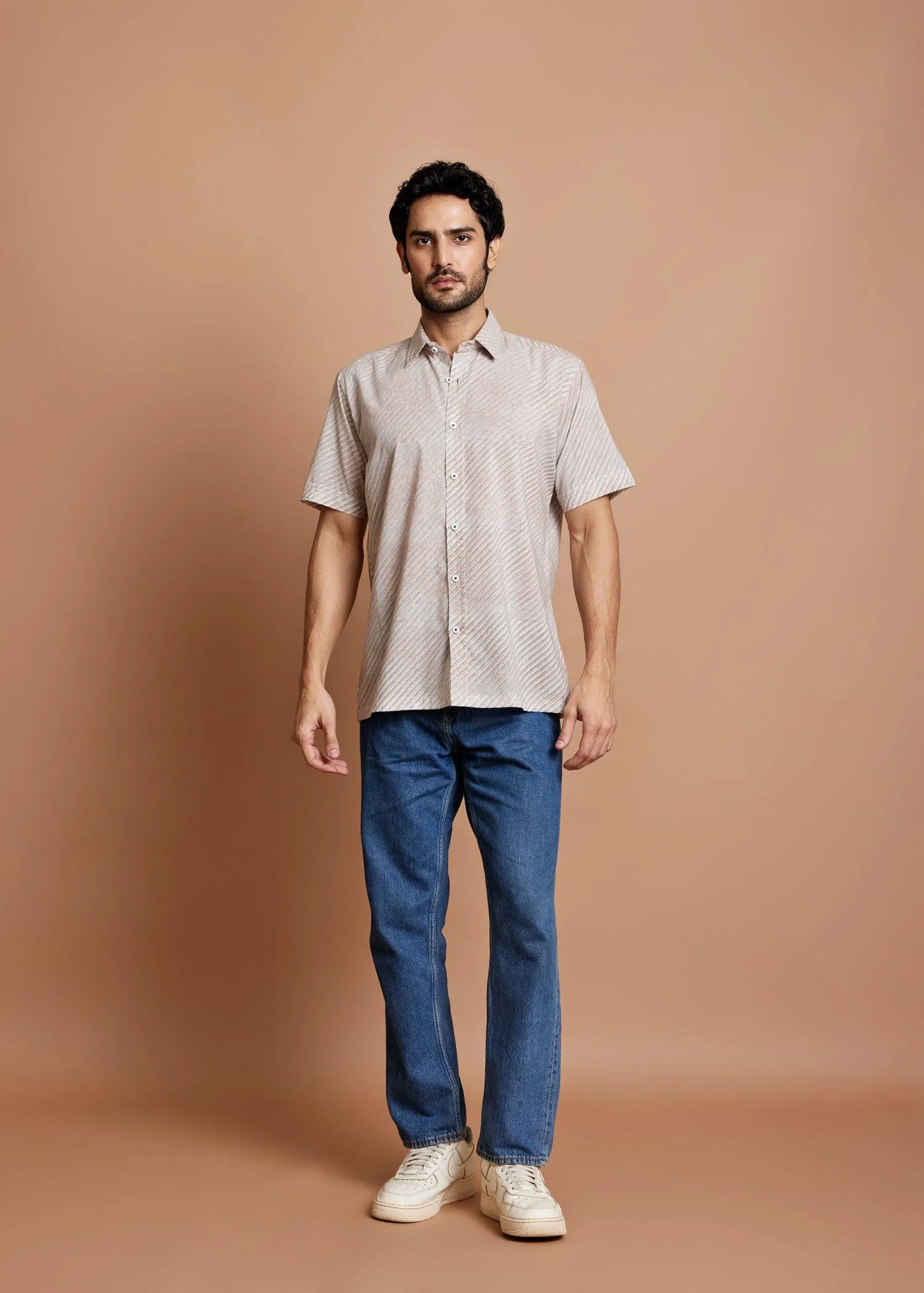 Crème Blue & Brown Regular Cotton Half Sleeve Shirt