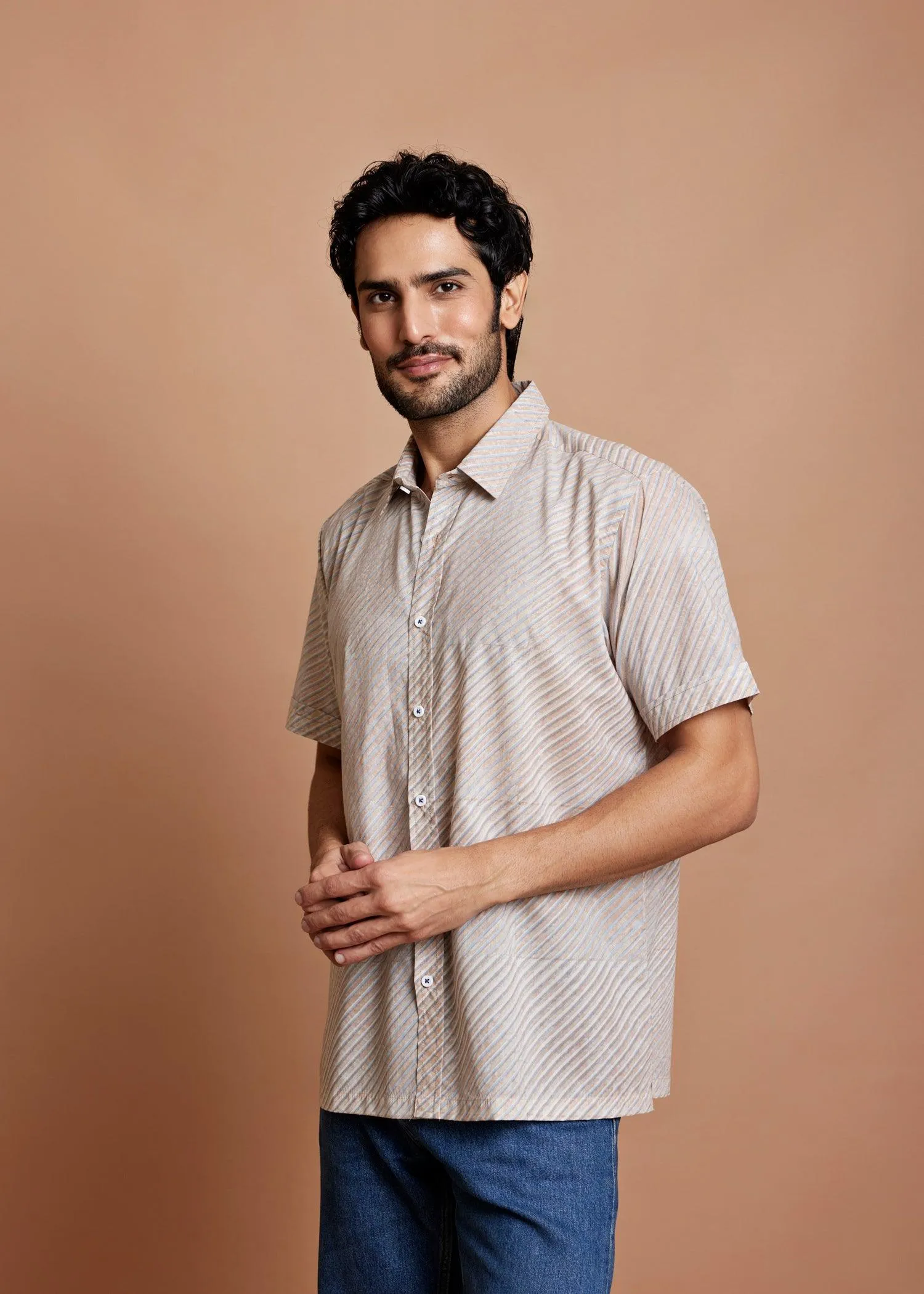 Crème Blue & Brown Regular Cotton Half Sleeve Shirt