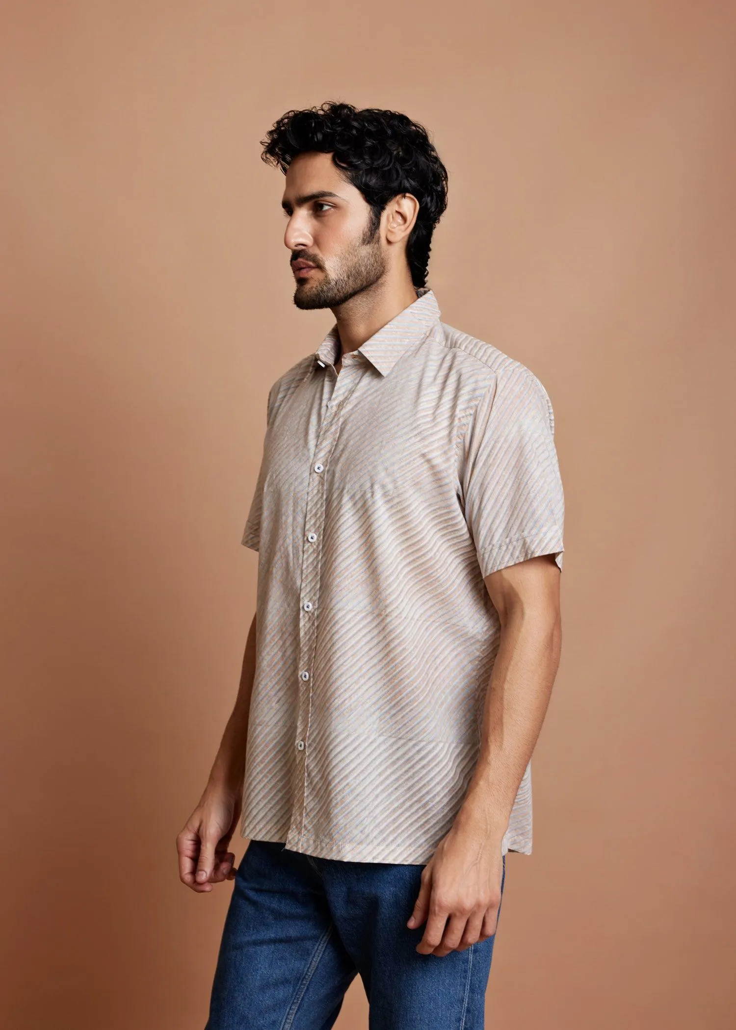 Crème Blue & Brown Regular Cotton Half Sleeve Shirt