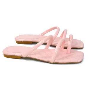 Dionne Quilted Insole Flat Square Toe Slip on Toe Ring Sandal Slides in Pink