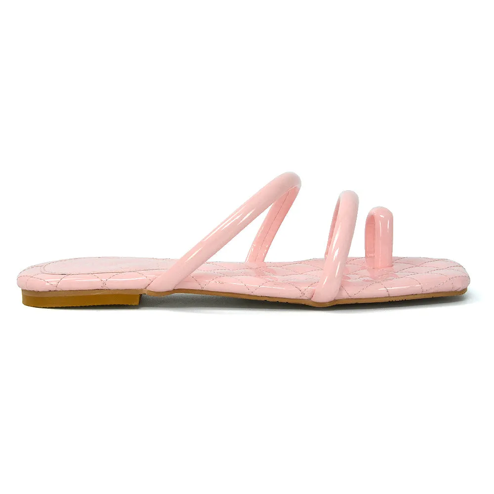 Dionne Quilted Insole Flat Square Toe Slip on Toe Ring Sandal Slides in Pink