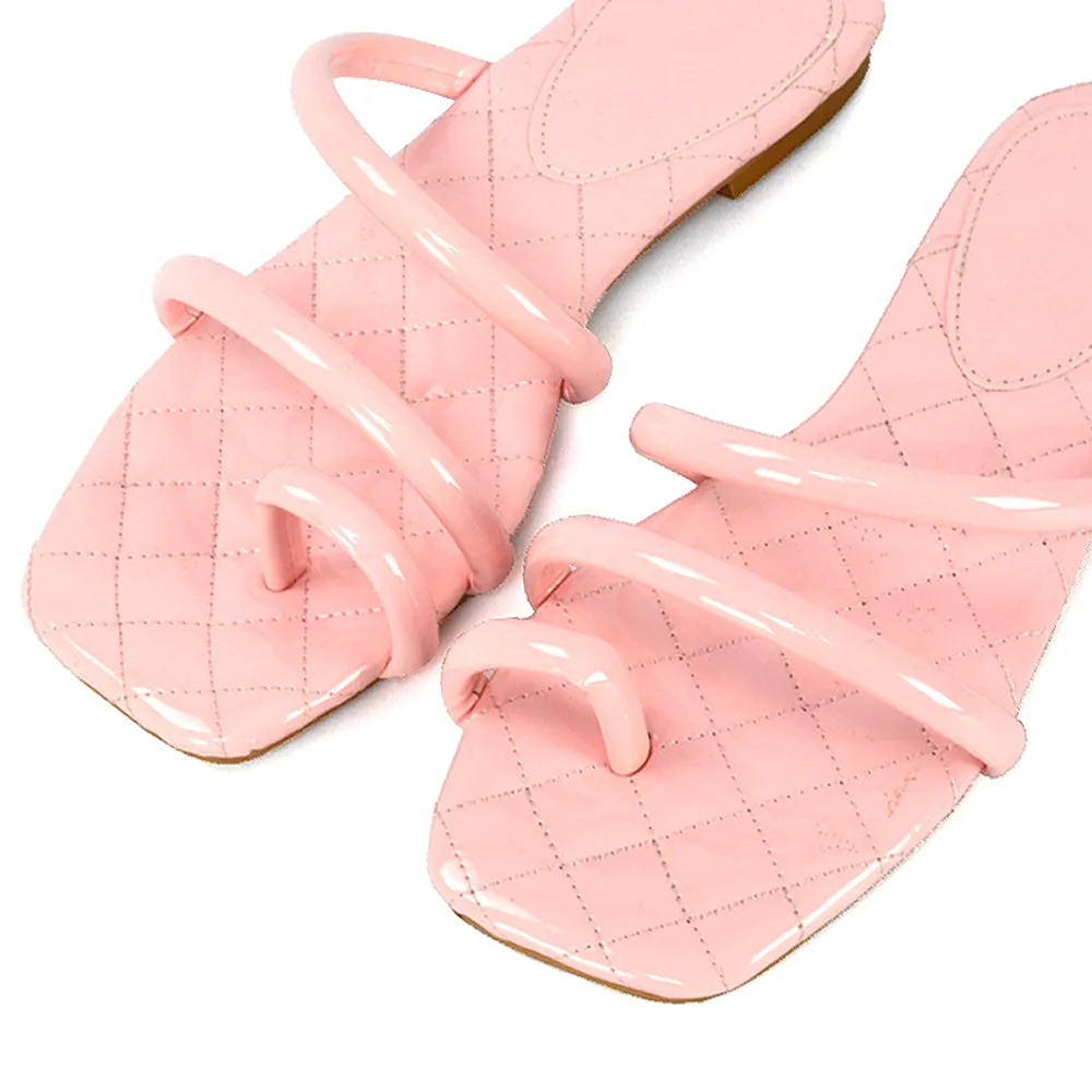 Dionne Quilted Insole Flat Square Toe Slip on Toe Ring Sandal Slides in Pink