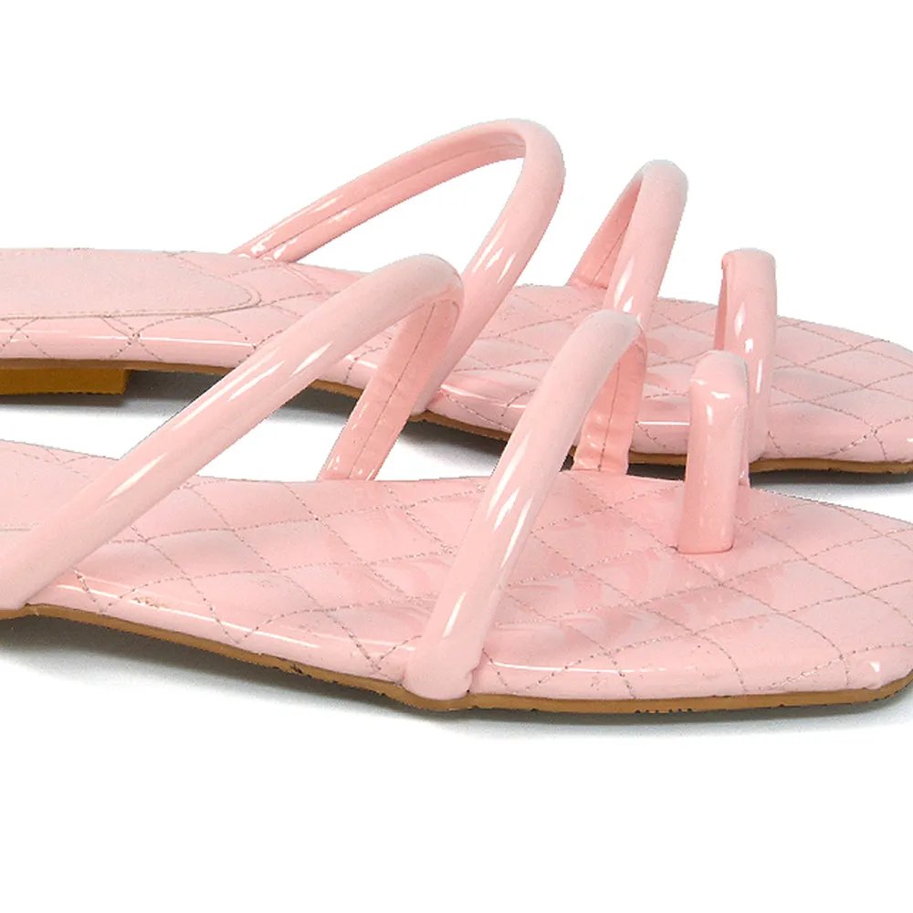 Dionne Quilted Insole Flat Square Toe Slip on Toe Ring Sandal Slides in Pink