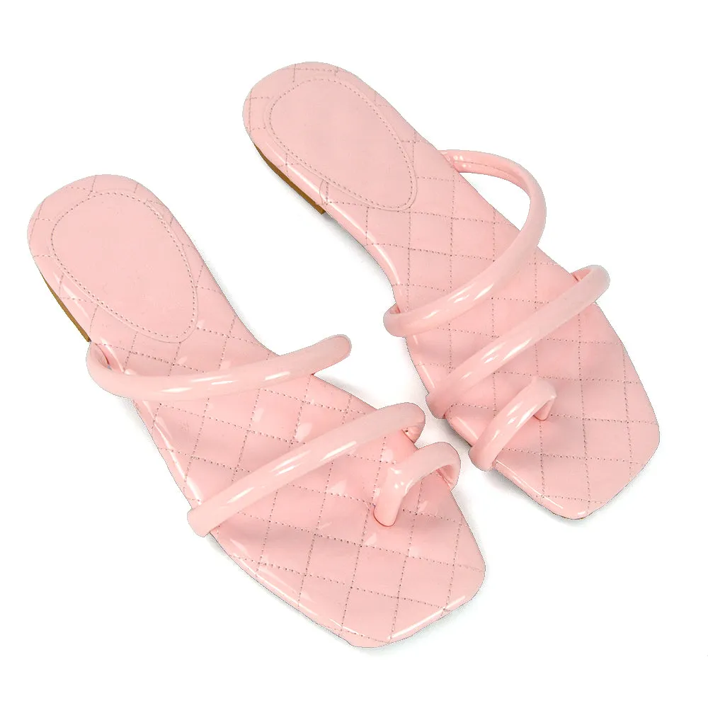 Dionne Quilted Insole Flat Square Toe Slip on Toe Ring Sandal Slides in Pink