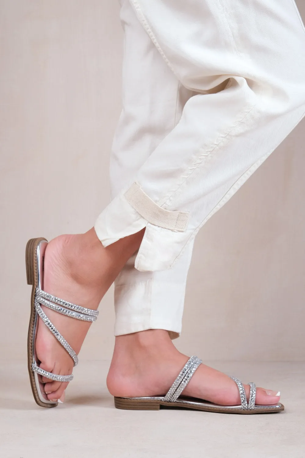 DREAM STRAPPY FLAT SLIDER SANDALS WITH DIAMANTE DETAIL IN SILVER FAUX LEATHER