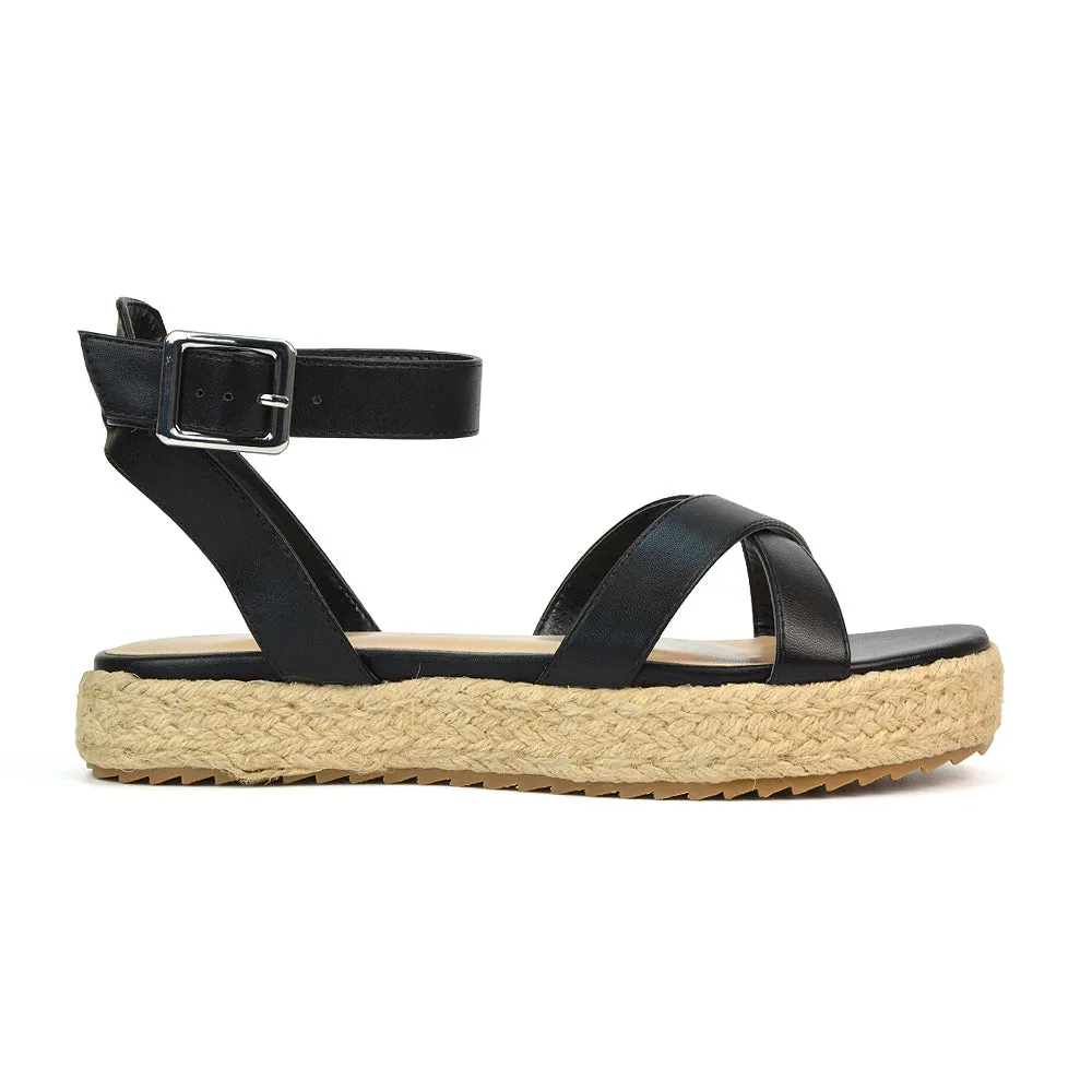 Fran Flatform Strappy Espadrille Flat Summer Sandals In Black Synthetic Leather