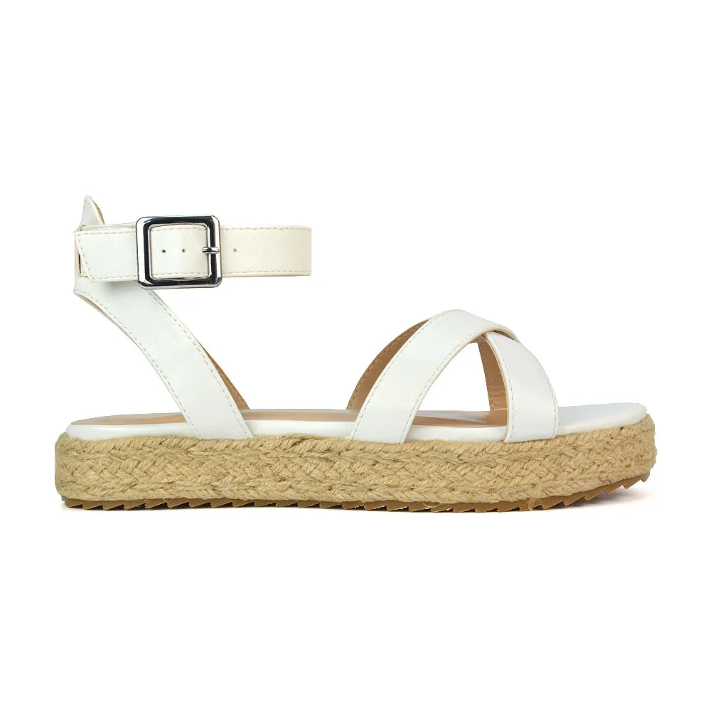 Fran Flatform Strappy Espadrille Flat Summer Sandals In Black Synthetic Leather