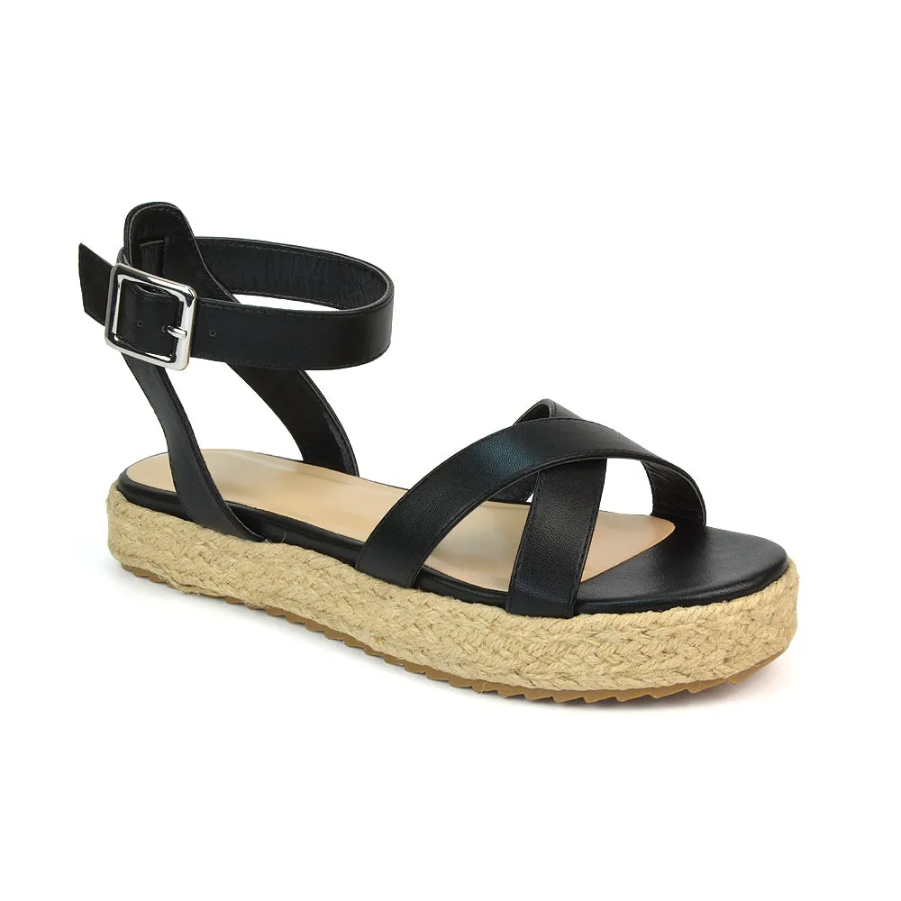 Fran Flatform Strappy Espadrille Flat Summer Sandals In Black Synthetic Leather