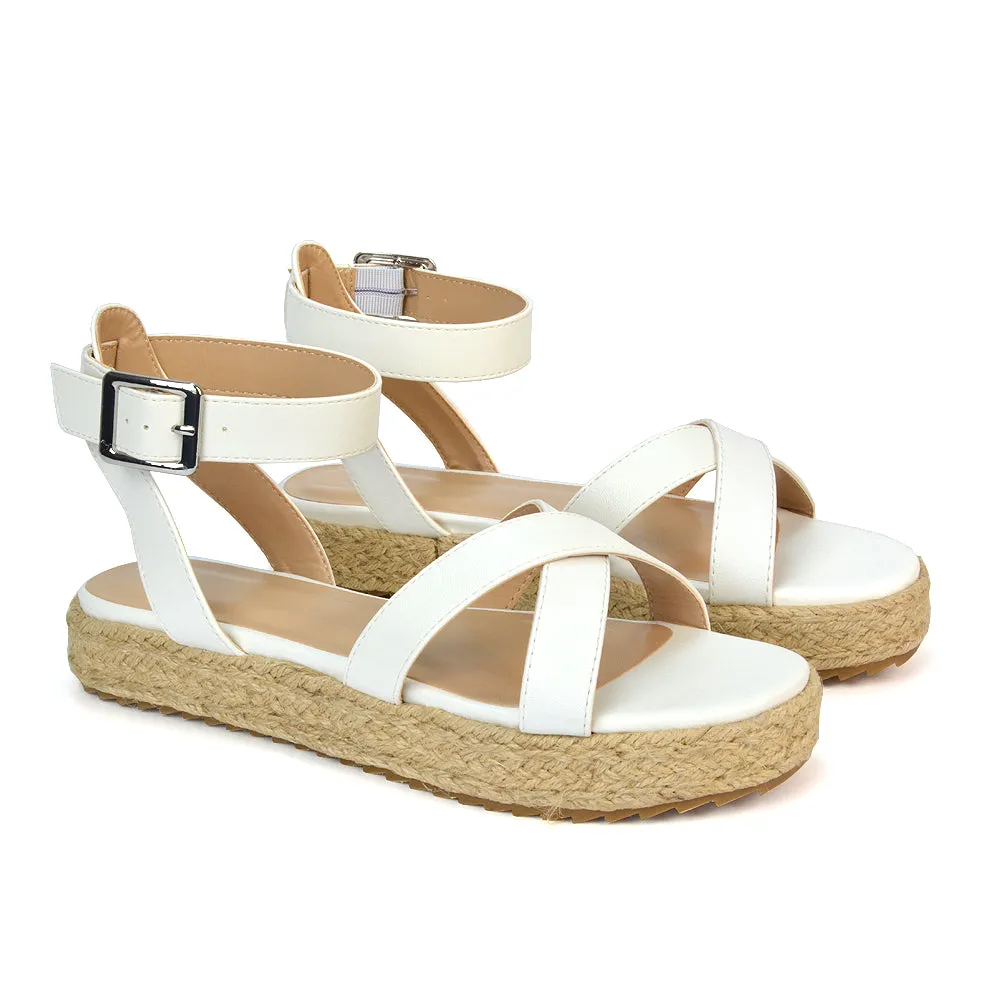 Fran Flatform Strappy Espadrille Flat Summer Sandals In Black Synthetic Leather