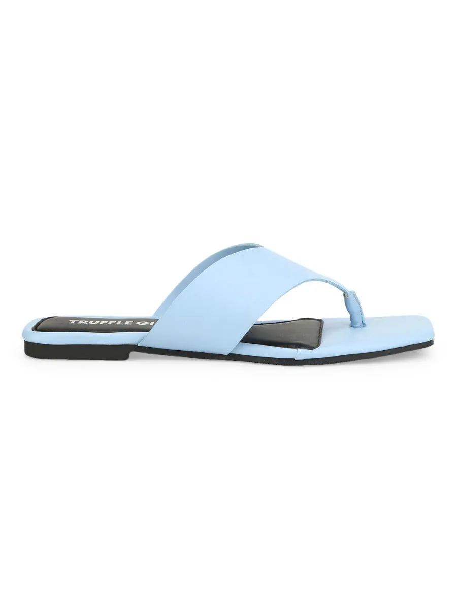 Light Blue PU Square Toe Flip Flop Slippers