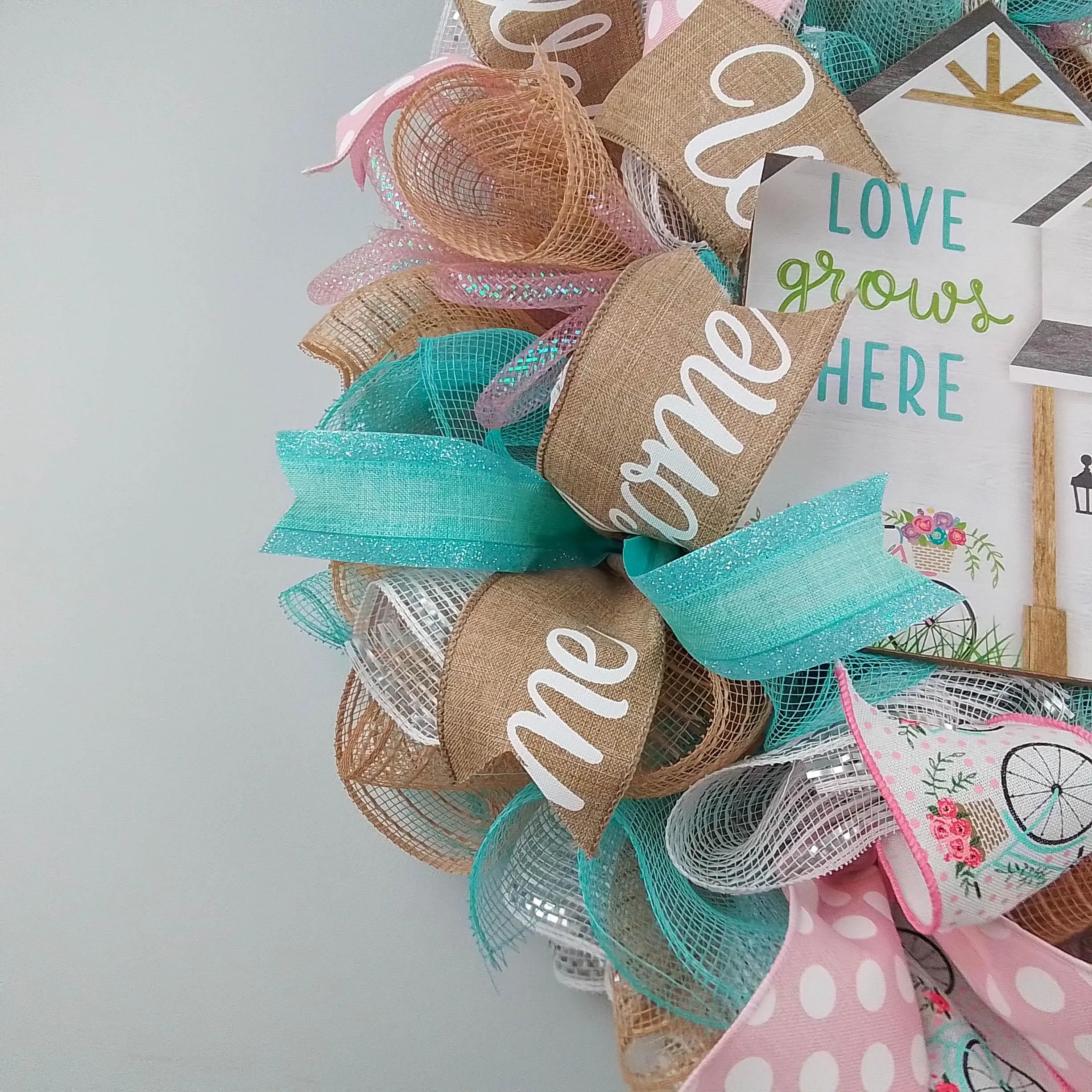 Love Grows Here Welcome Floral Spring Wreath - Mothers Day Gift - Summer Front Door Decor - Everyday Decoration - Pink White Jute Blue