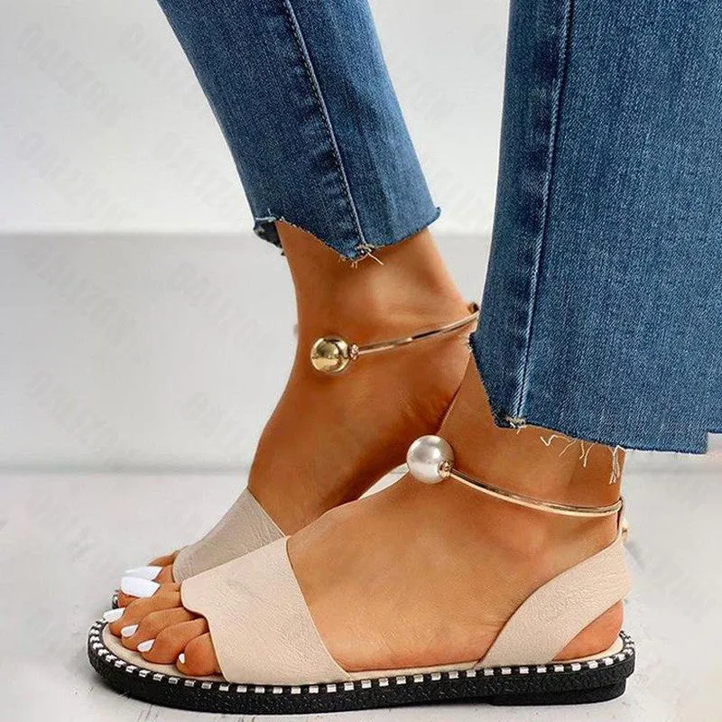 New Summer Women Beaded Pearly Sandals Slippers Shoes Ladies Flats Sandals Flip Flop Casual Flat Slingback Sandals Shoes