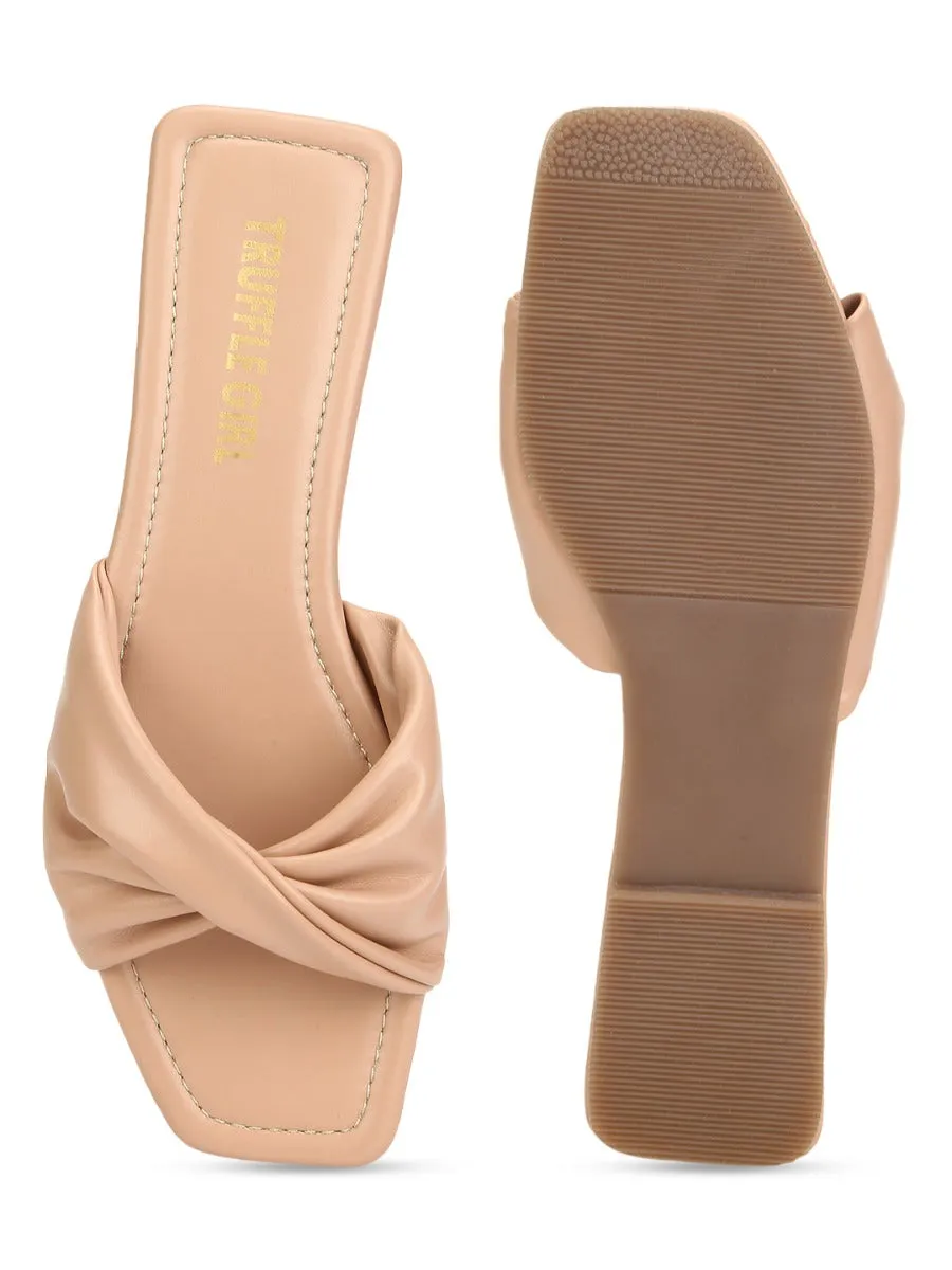 Nude PU Twisted Strap Slip Ons