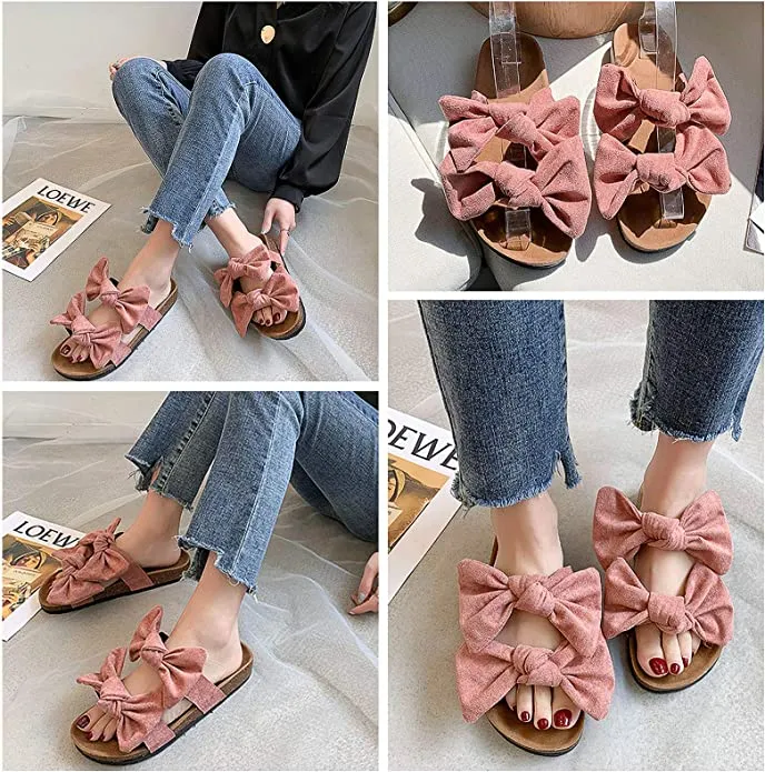 Pink Knot Suede Leather Soft Cork Slip On Sandals