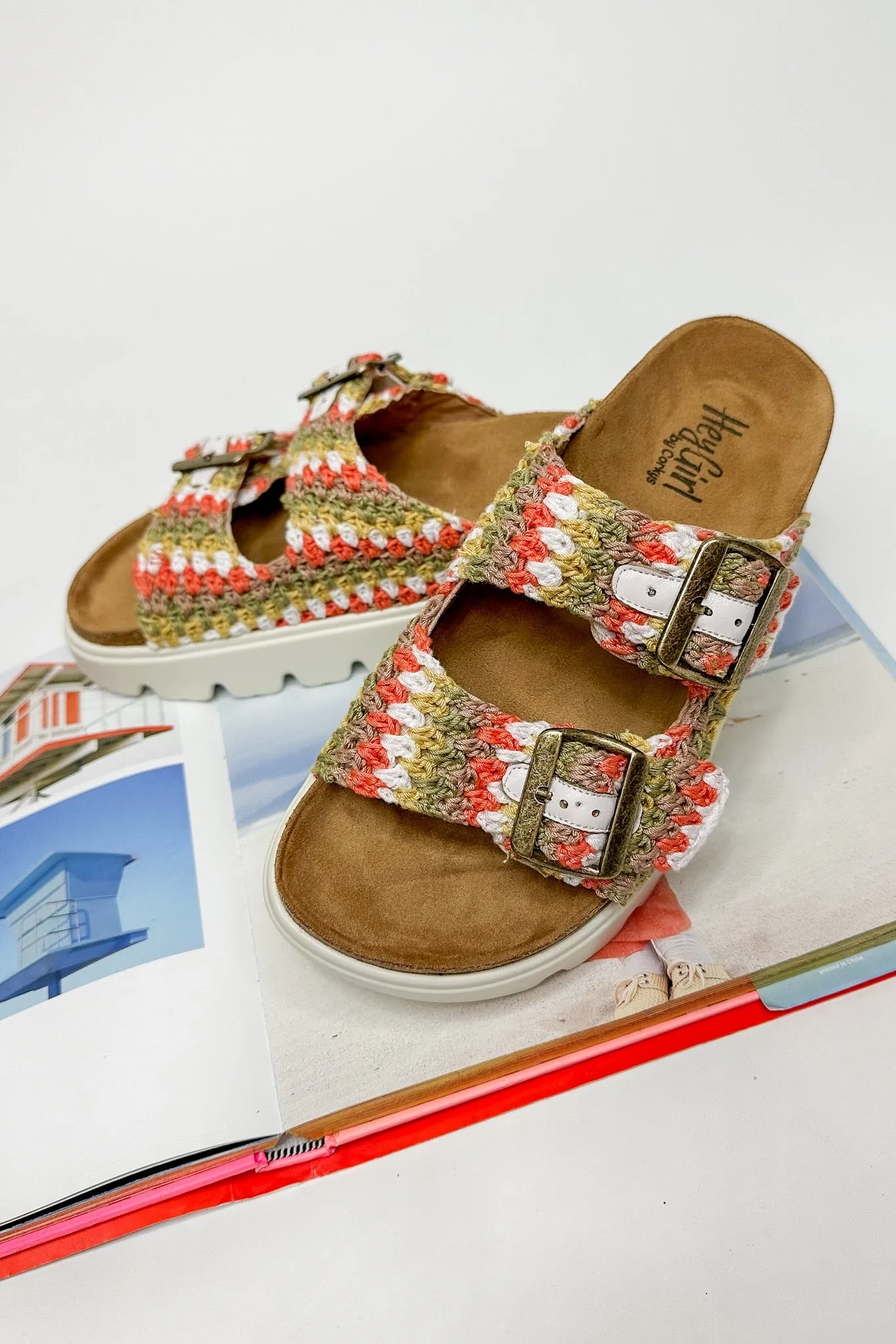 Rumor Has It Double Strap Slide On Corkys Sandal in Multi Crochet