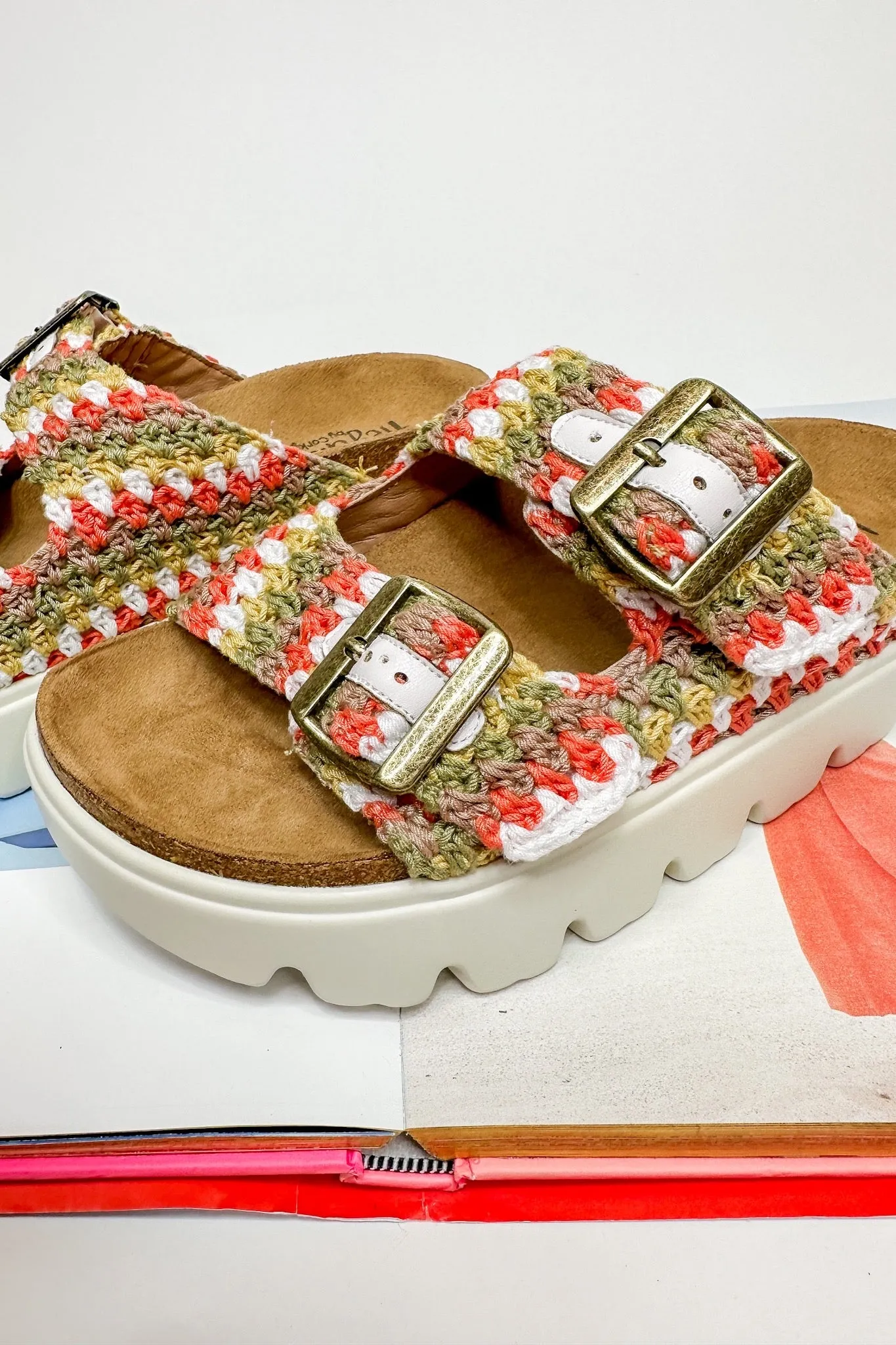 Rumor Has It Double Strap Slide On Corkys Sandal in Multi Crochet