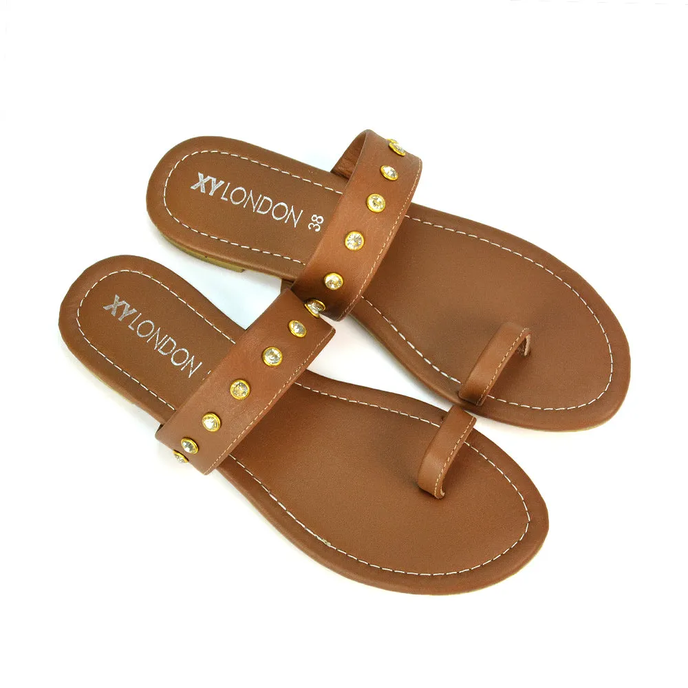 Sammie Slip On Toe Post Flat Heel Diamante Leather Summer Sandal Slides in Brown