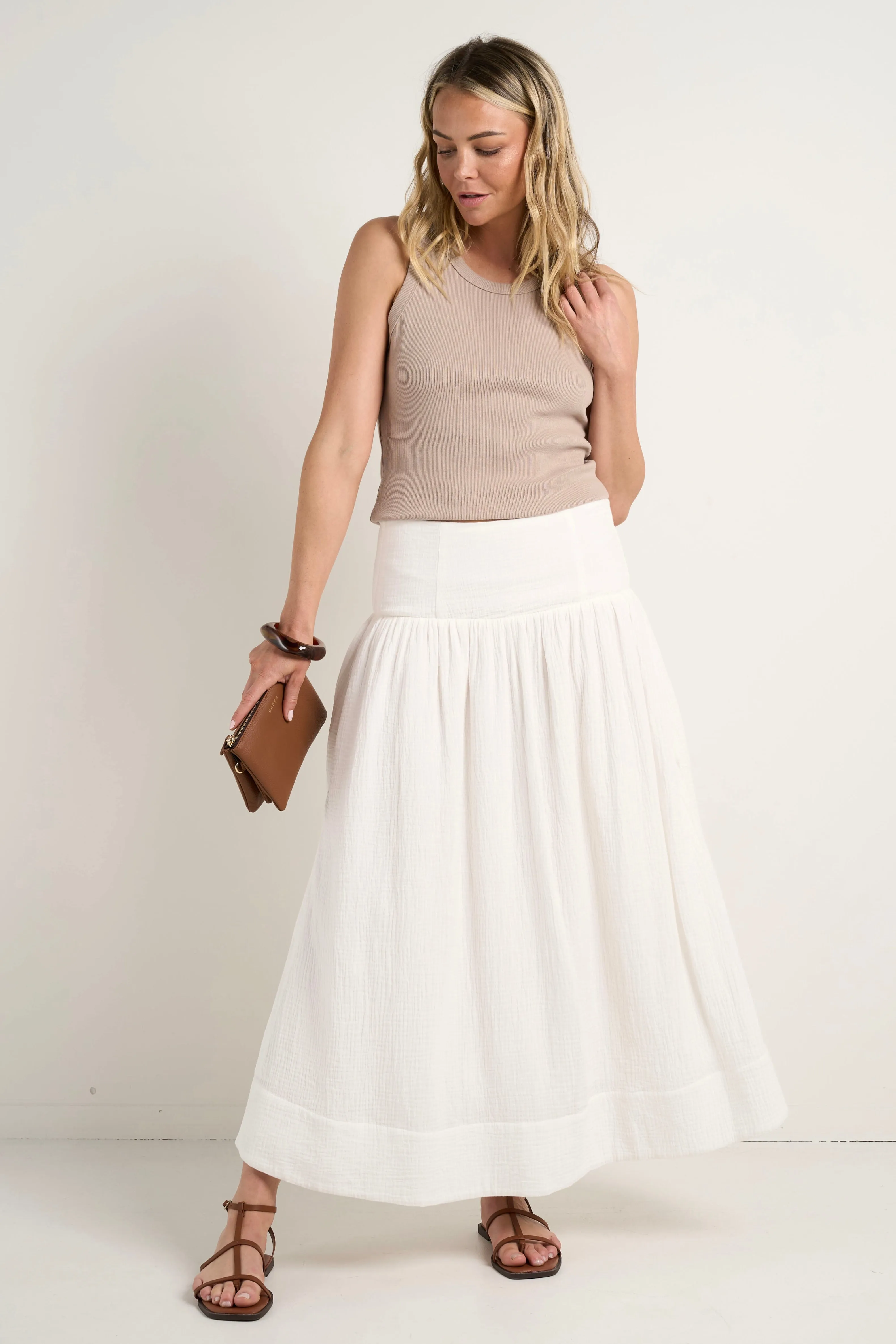 Unwind Ivory Shirred Back Tiered Maxi Skirt