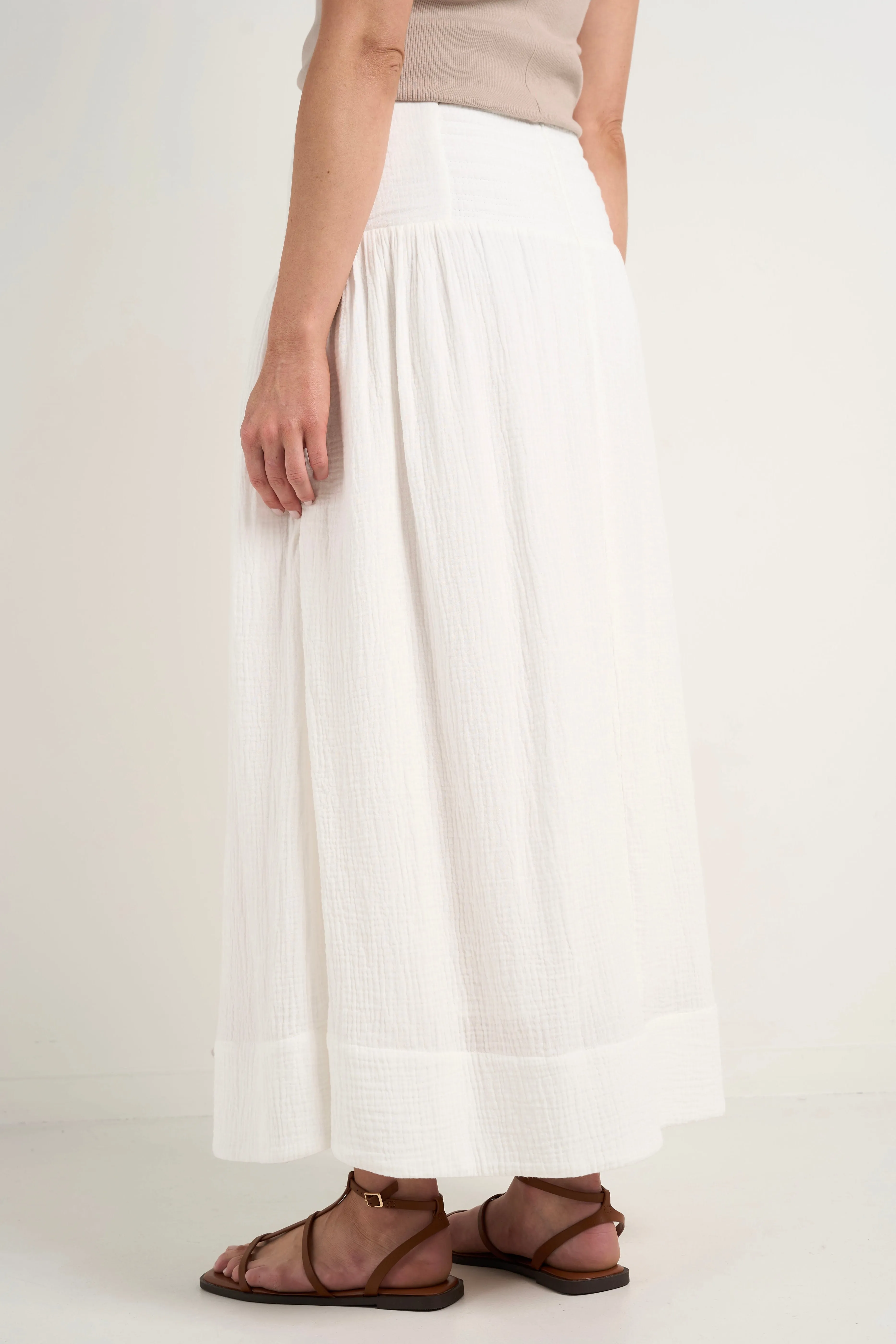 Unwind Ivory Shirred Back Tiered Maxi Skirt