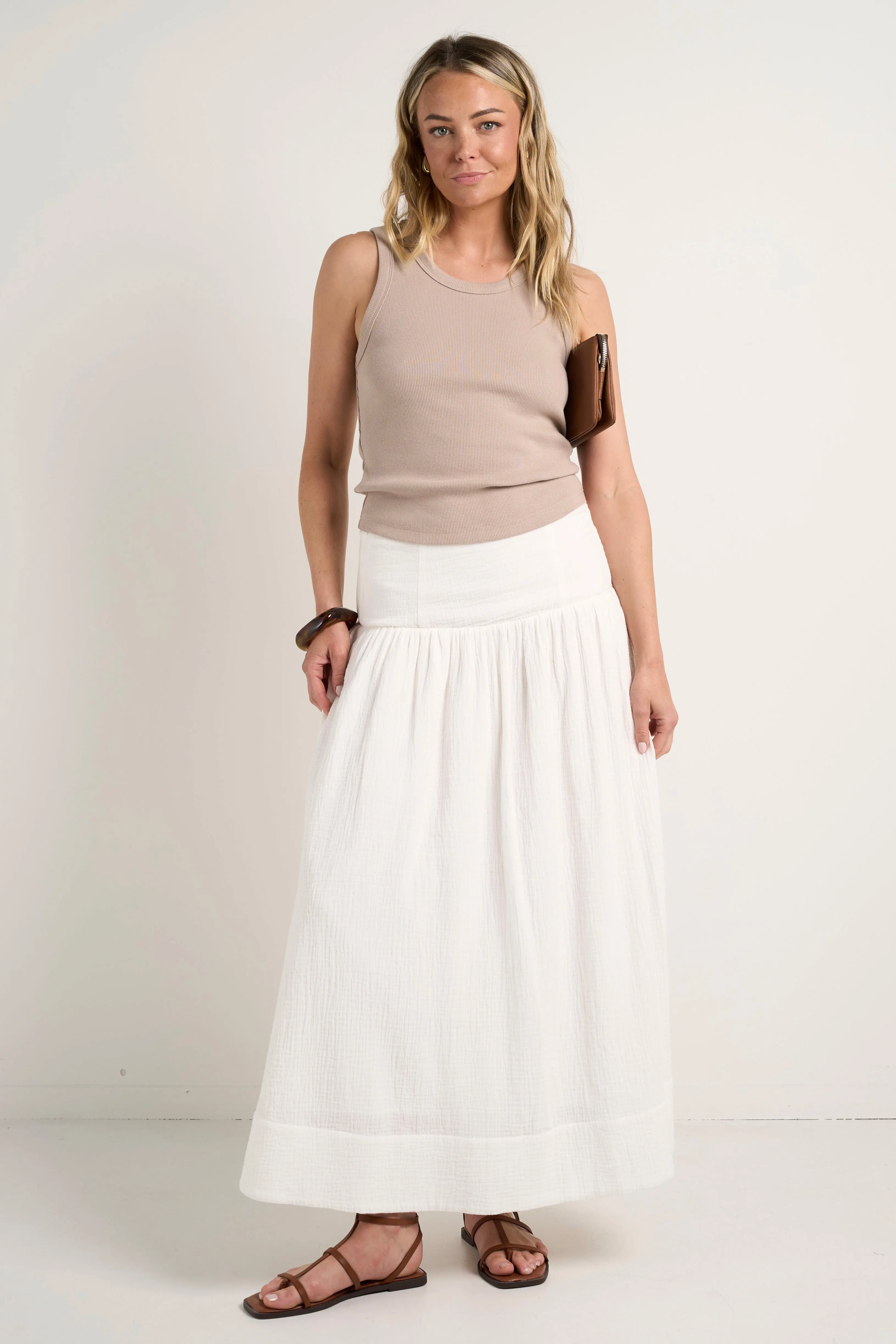 Unwind Ivory Shirred Back Tiered Maxi Skirt