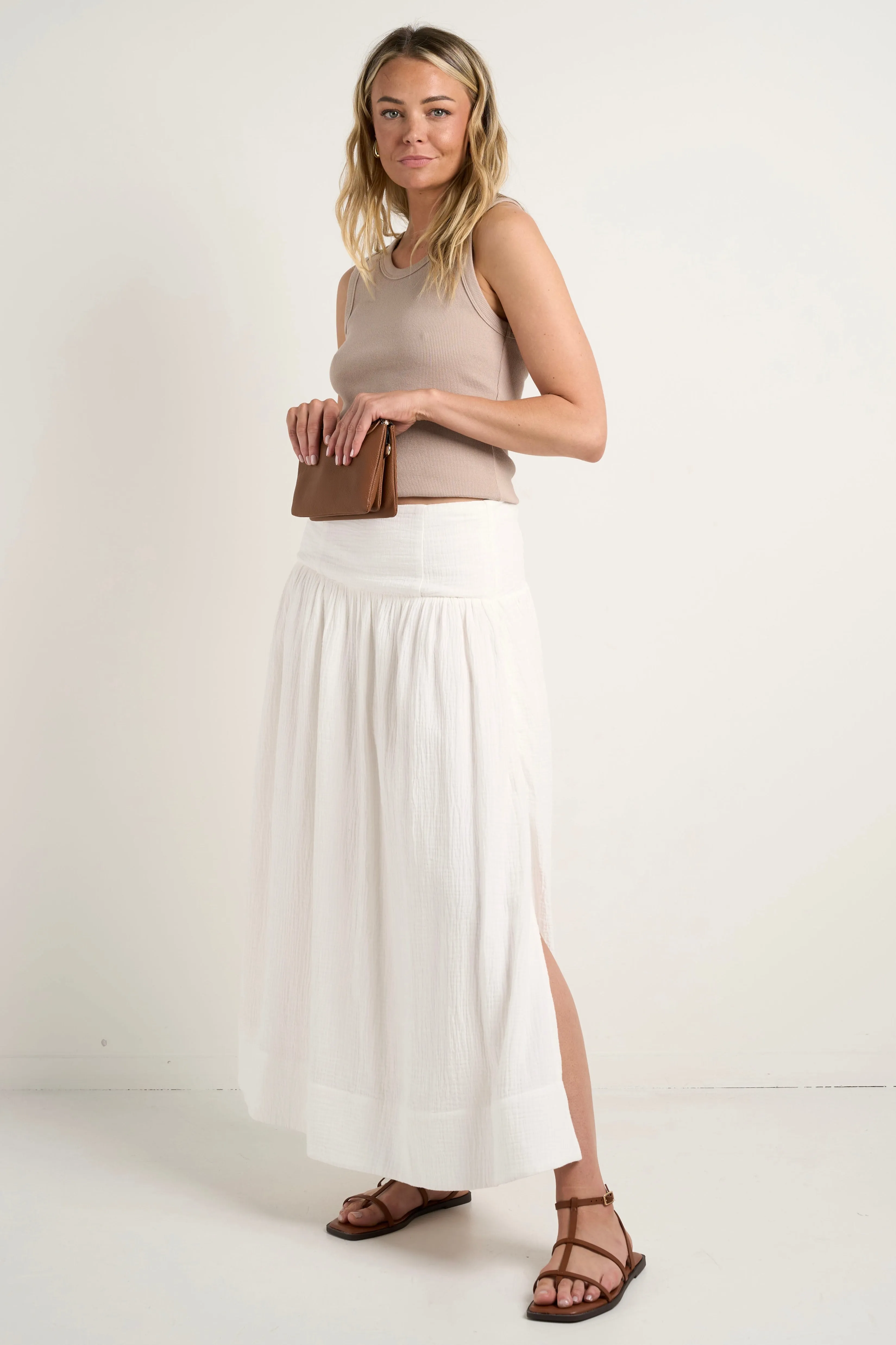 Unwind Ivory Shirred Back Tiered Maxi Skirt