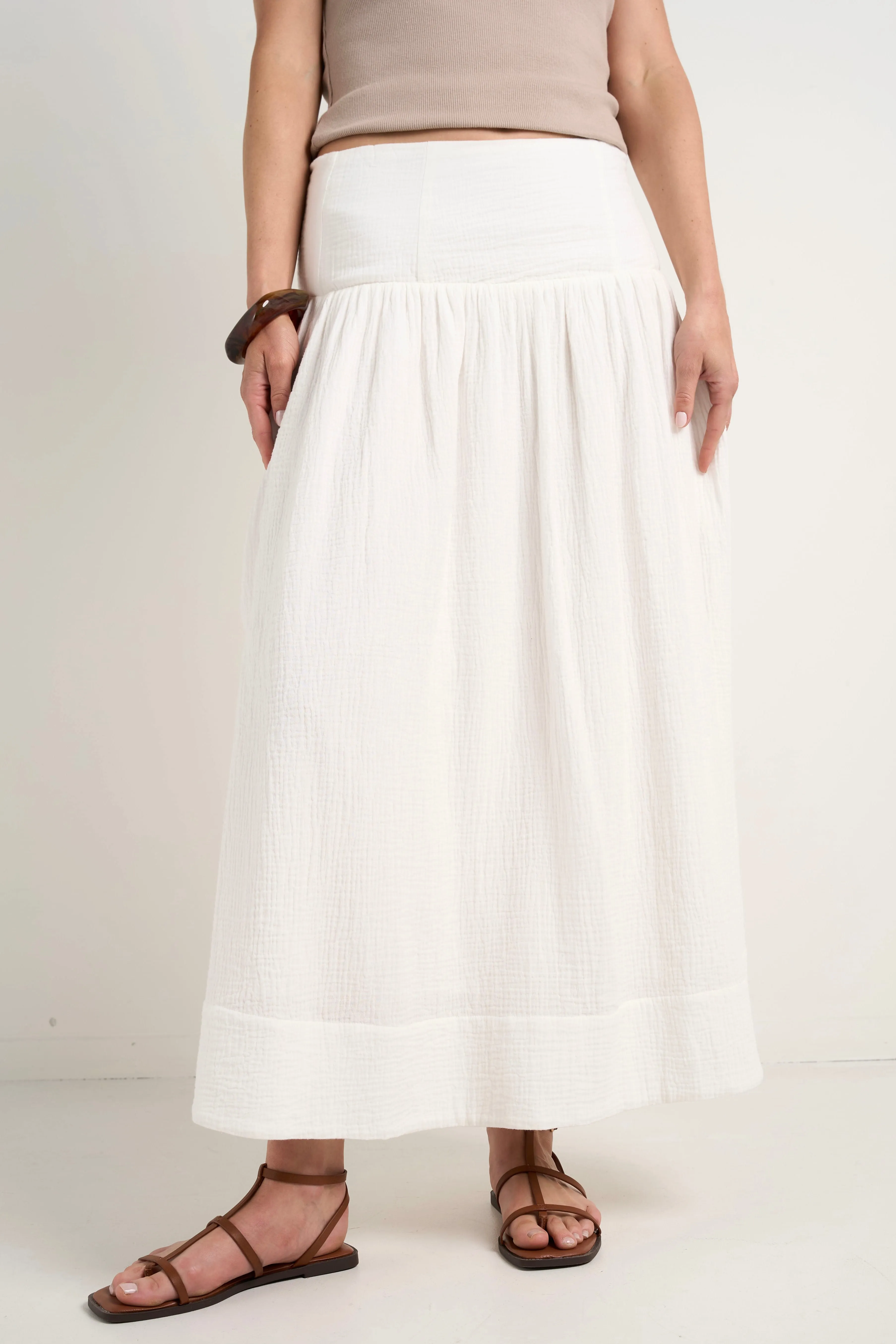 Unwind Ivory Shirred Back Tiered Maxi Skirt