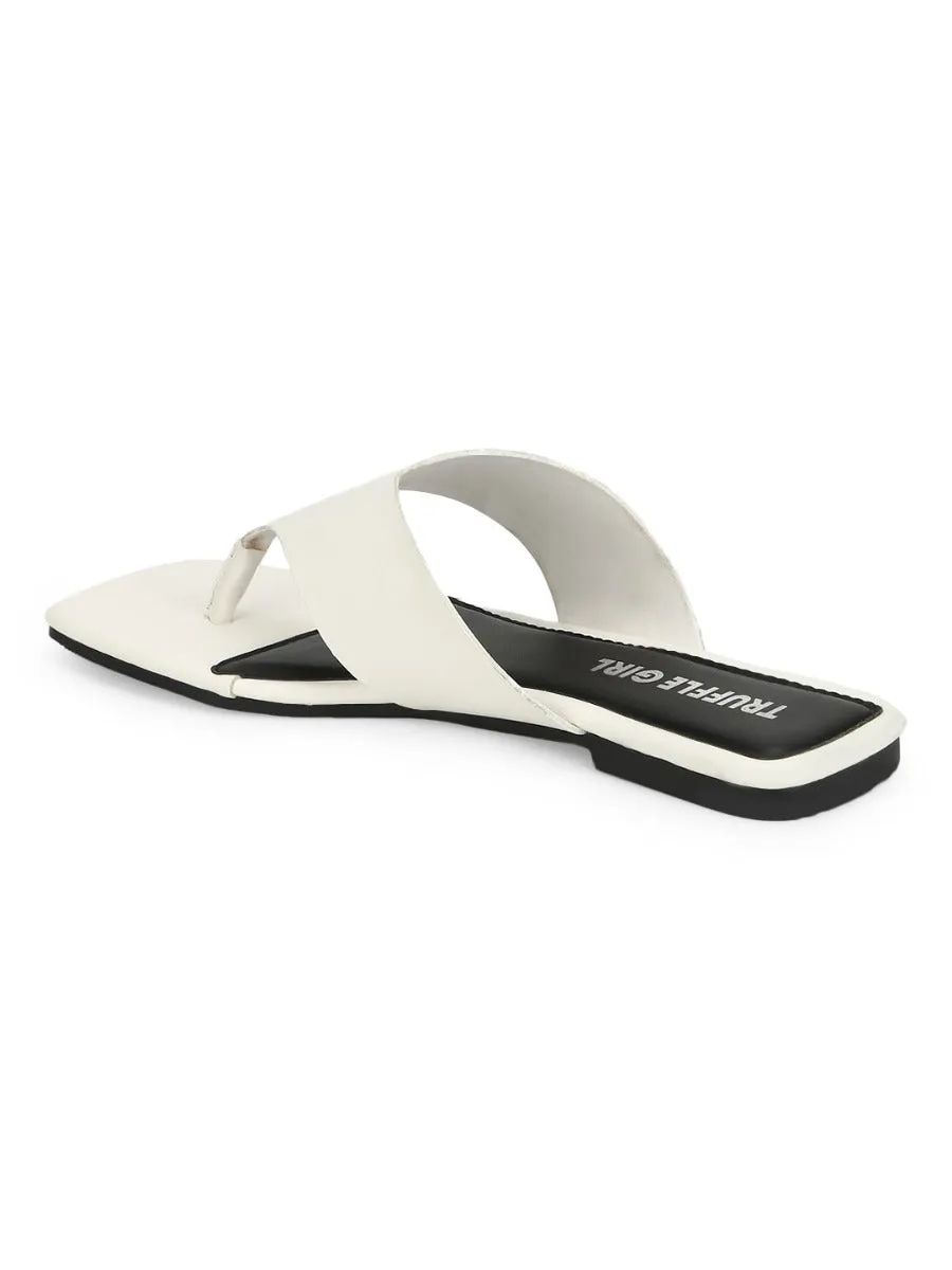 White PU Square Toe Flip Flop Slippers