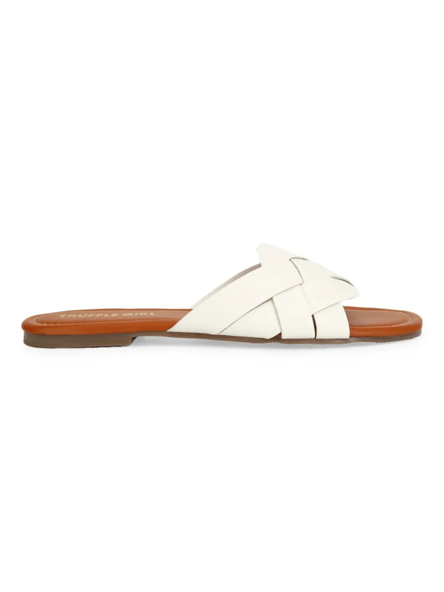 White PU Woven Strap Slip Ons