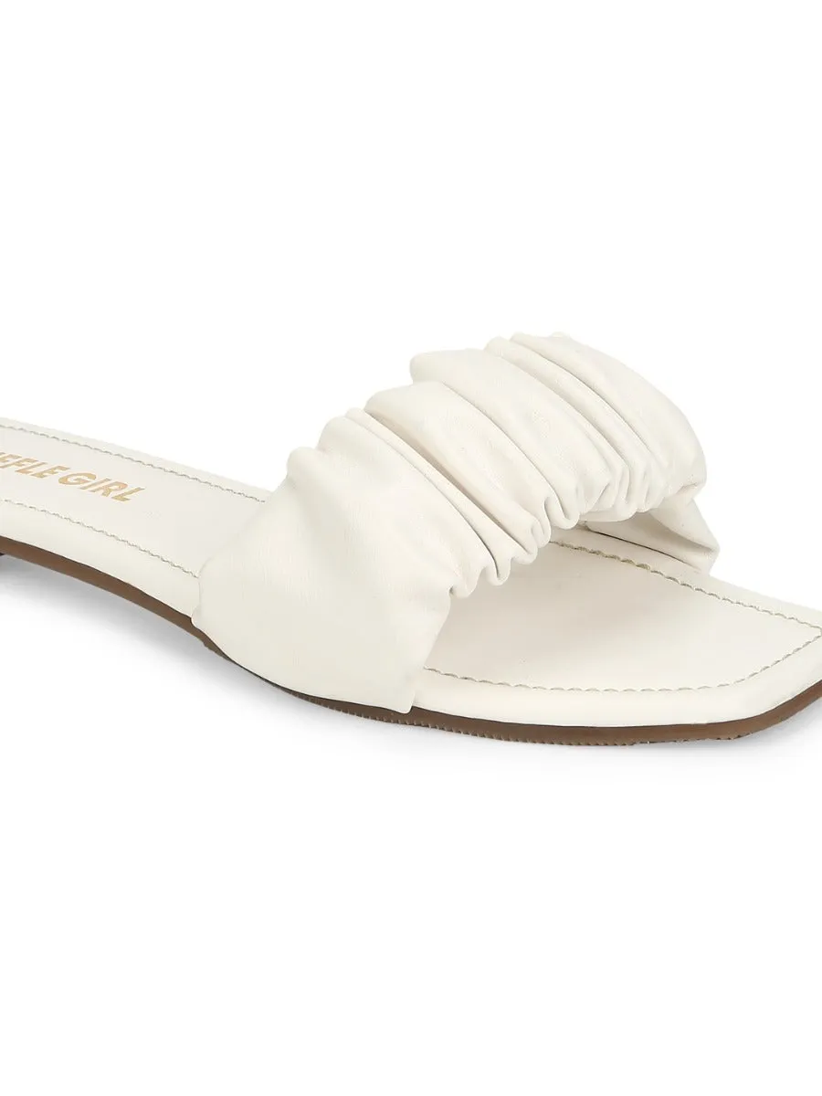 White PU Wrinkled Strap Slip Ons