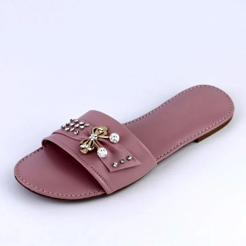 Women Soft Slides Bow Decor Shoes Round Toe Sandals Casual Flats