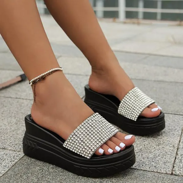 Women's Fashionable Rhinestone Cross Strap Wedge Slippers 52080290S