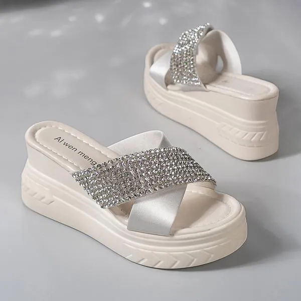 Women's Fashionable Rhinestone Cross Strap Wedge Slippers 52080290S