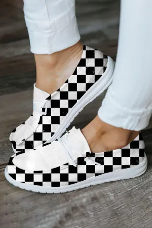 Women's Round Black White Checkerboard Print Slip On Sneakers