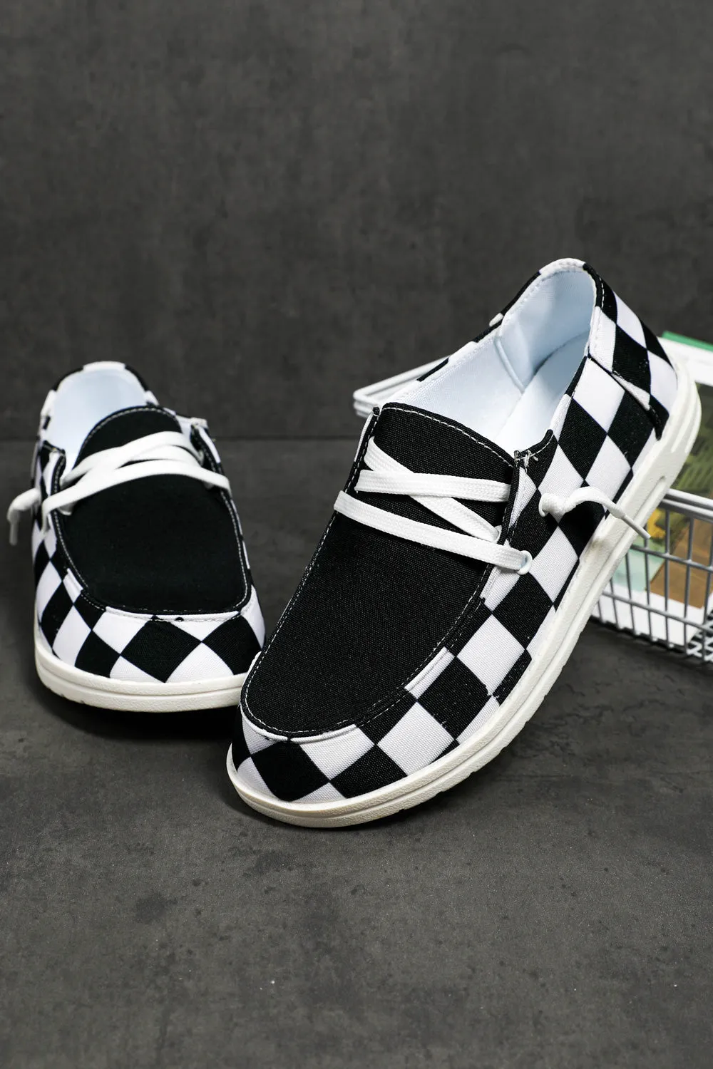 Women's Round Black White Checkerboard Print Slip On Sneakers