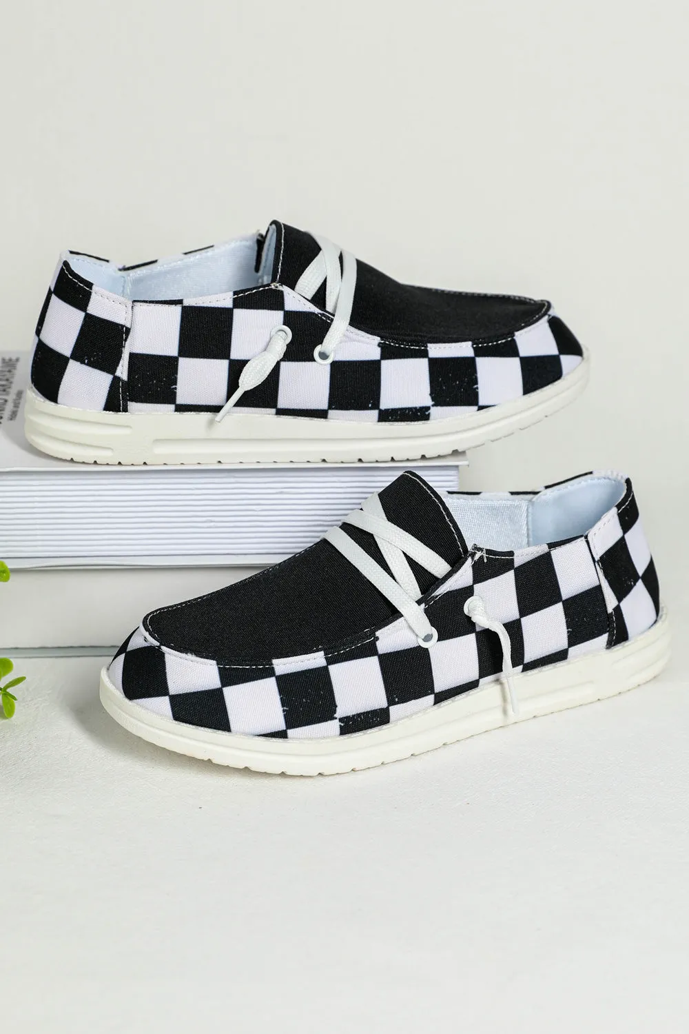 Women's Round Black White Checkerboard Print Slip On Sneakers