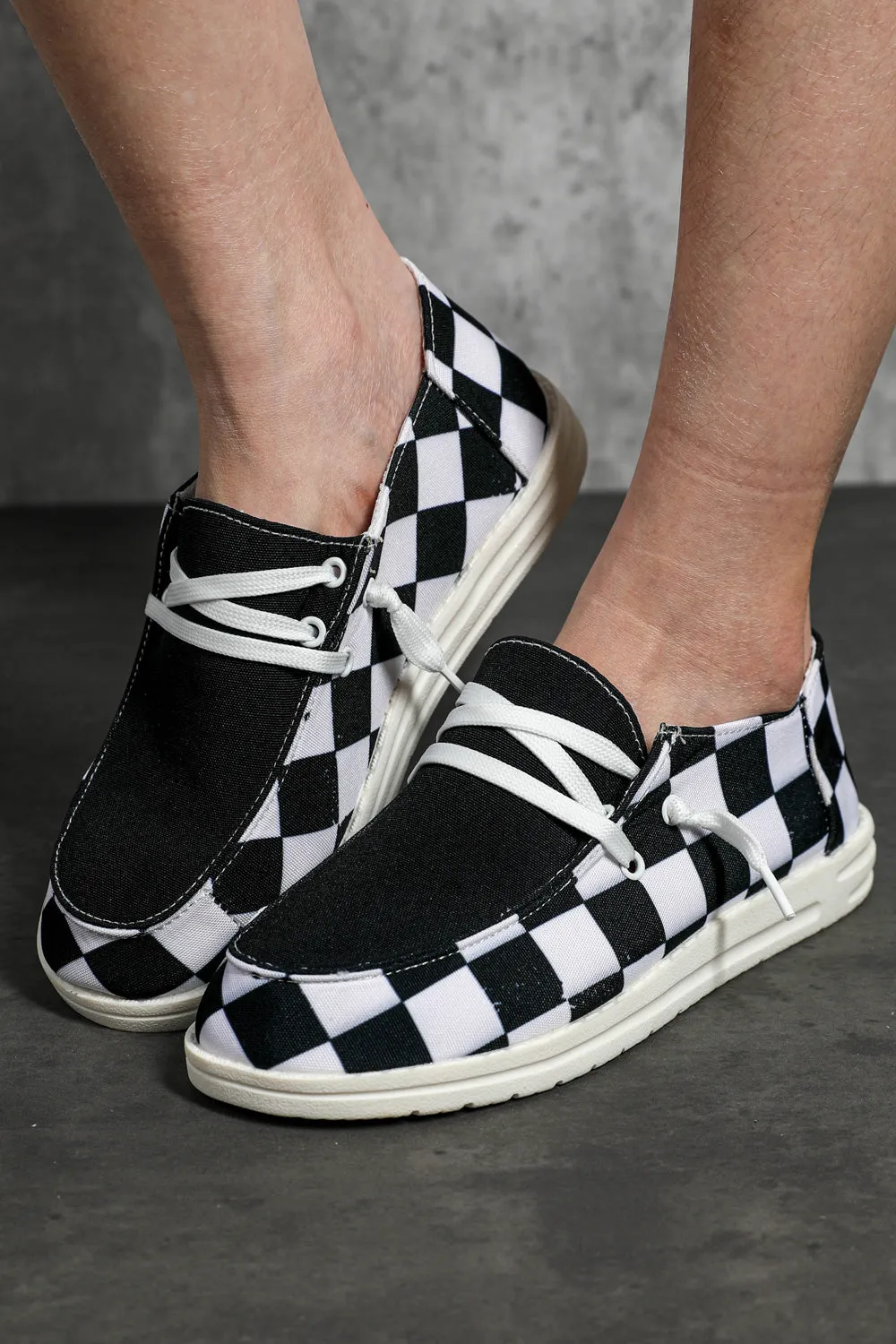 Women's Round Black White Checkerboard Print Slip On Sneakers