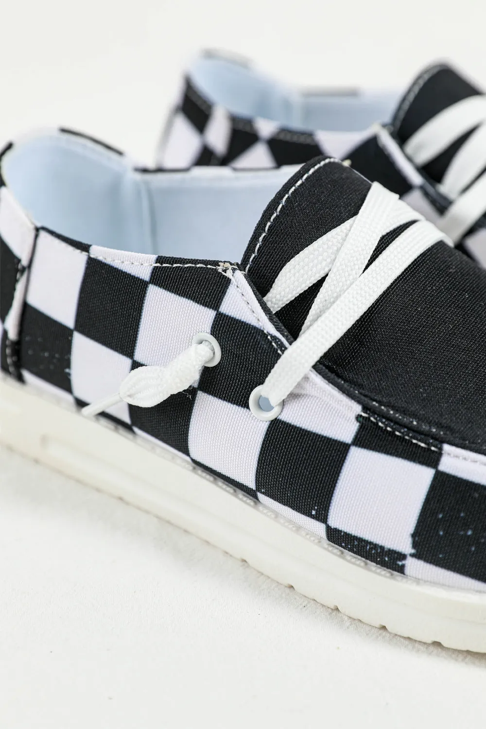 Women's Round Black White Checkerboard Print Slip On Sneakers